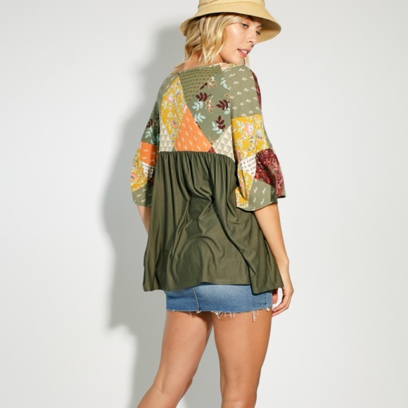 **LAST ONE**Olive Color-Block Paisley Baby Doll Top - Picture 5 of 7